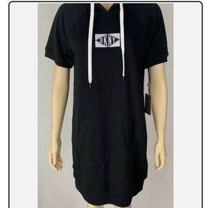 DKNY Black Short Sleeve Hooded Sweatshirt Dress with White Drawstrings